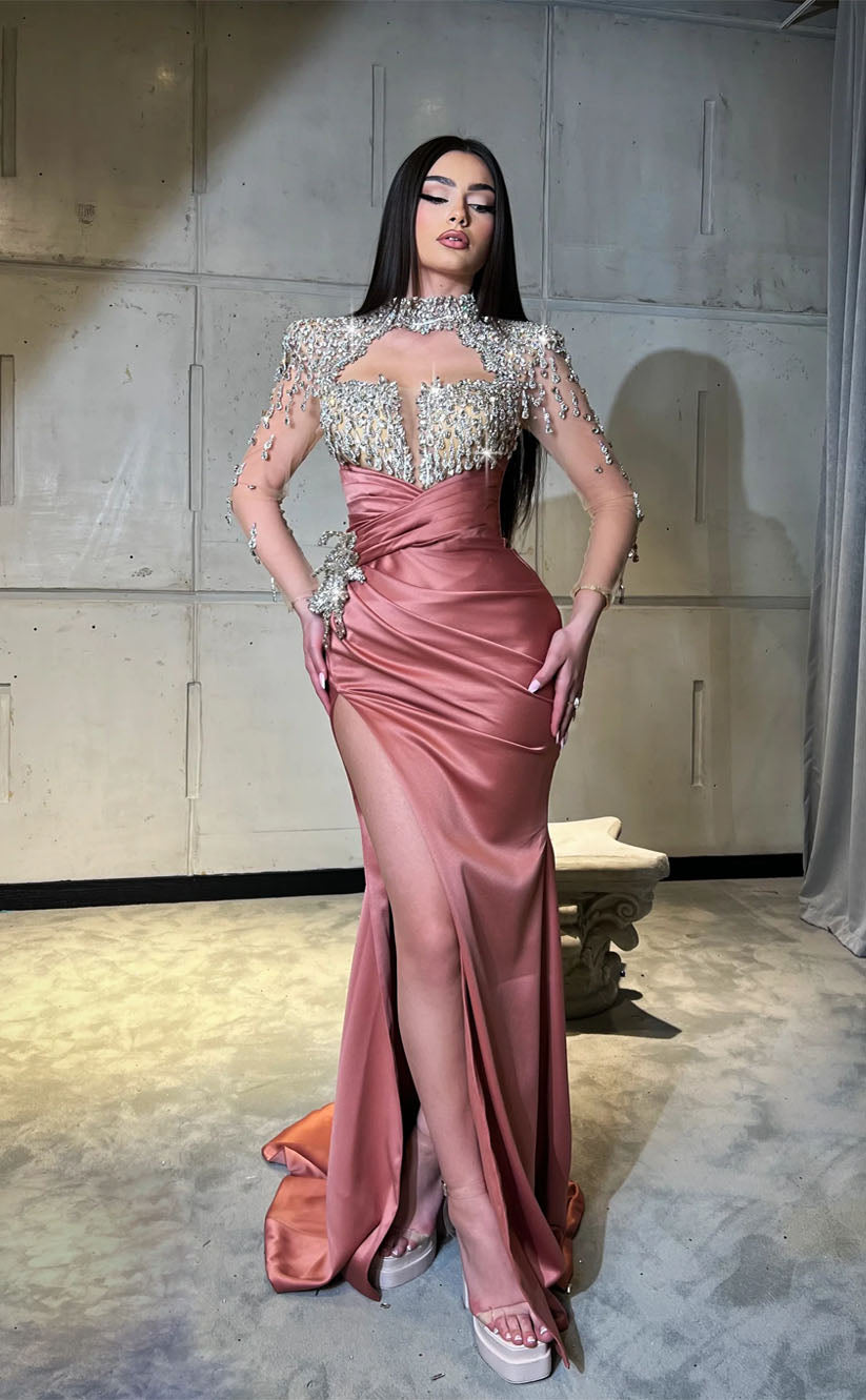 RP2067-Unique Mermaid High Neck Beaded Crystals Long Sleeves Satin Prom Evening Dresses Formal Party Gowns With Slit