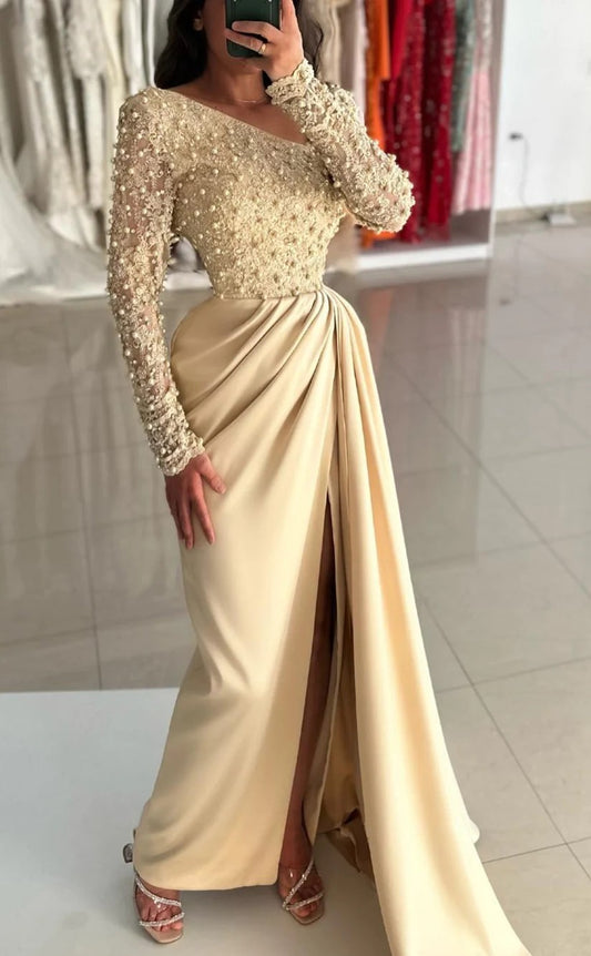 RP1321-Elegant Mermaid V-Neck Pearl Appliqued Long Sleeves Satin Prom Evening Dresses Formal Party Gowns With Slit