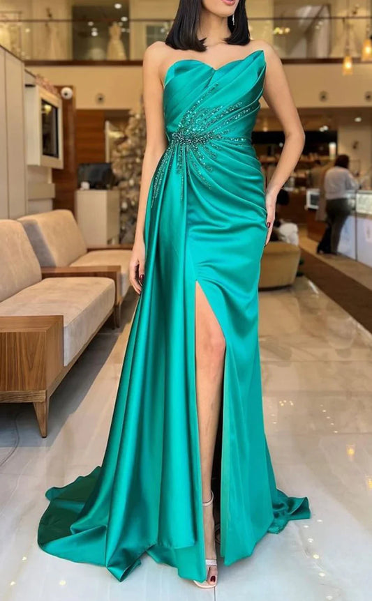 RP412-Fantastic Green Mermaid Sweetheart Beads Sequins Ruched Sleeveless Long Prom Evening Dresses Formal Party Gowns With Slit