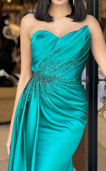 RP412-Fantastic Green Mermaid Sweetheart Beads Sequins Ruched Sleeveless Long Prom Evening Dresses Formal Party Gowns With Slit