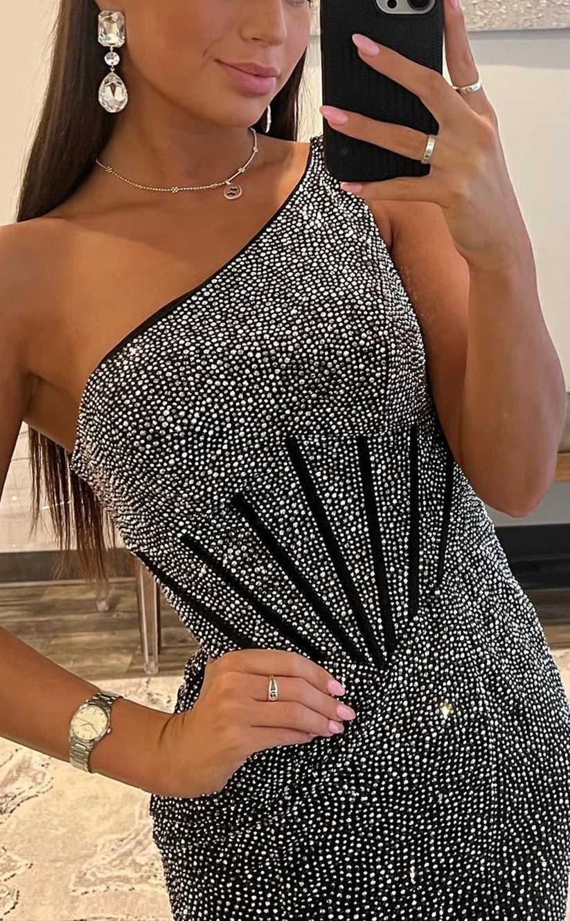 RP1323-Elegant Black Mermaid One Shoulder Beaded Sleeveless Prom Evening Dresses Formal Party Gowns With Slit