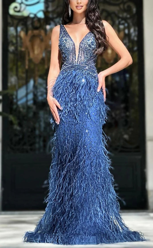 RP1326-Sparkling Royal Blue Mermaid V-Neck Feather Sequins Sleeveless Prom Evening Dresses Formal Party Gowns With Train