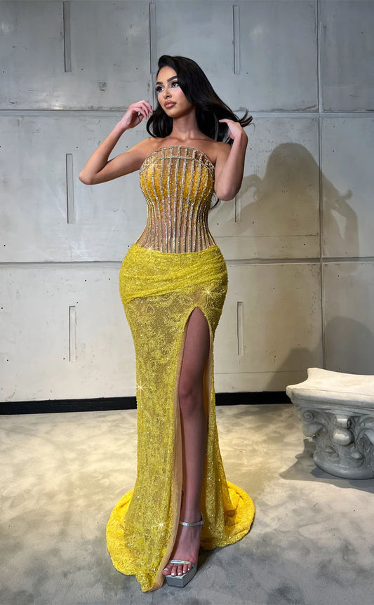 RP2084-Sparkling Yellow Mermaid Strapless Beaded Sleeveless Sequins Prom Evening Dresses Formal Party Gowns With Slit