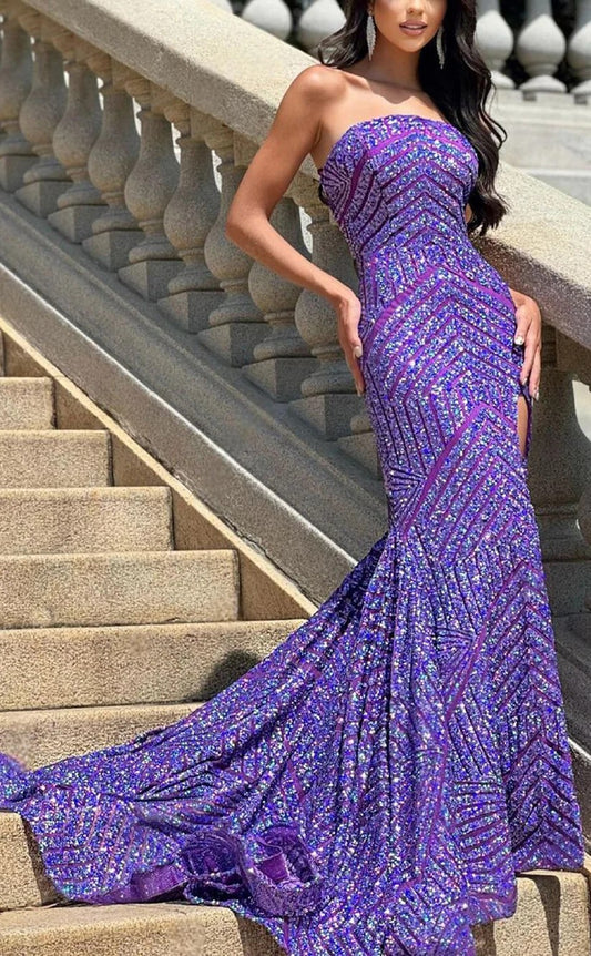 RP1324-Sparkling Purple Mermaid Strapless Beaded Sequins Sleeveless Prom Evening Dresses Formal Party Gowns With Slit