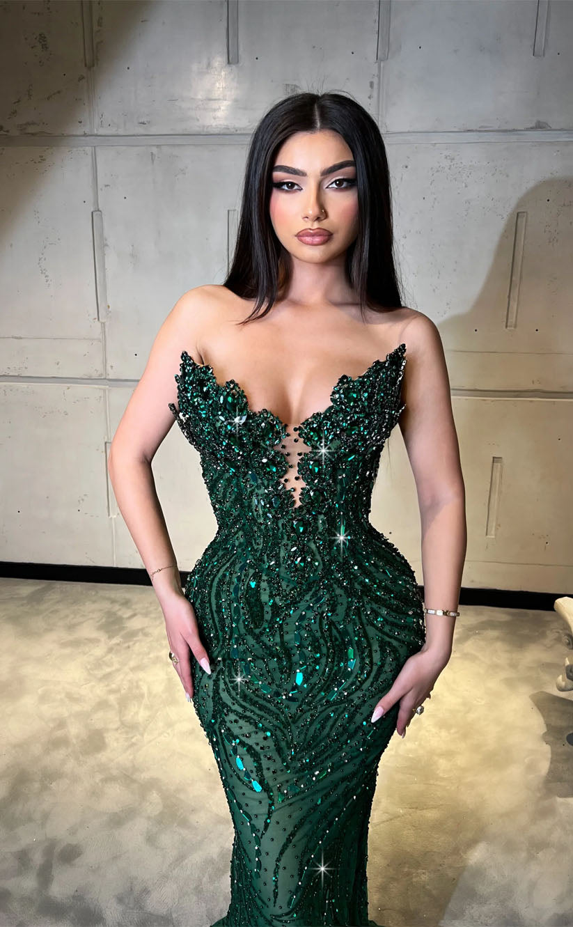 RP2088-Sparkling Green Mermaid Sweetheart Beaded Sequins Sleeveless Prom Evening Dresses Formal Party Gowns With Slit