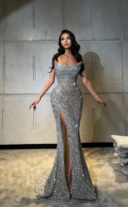 RP2087-Sparkling Silver Mermaid Strapless Beaded Sleeveless Sequins Prom Evening Dresses Formal Party Gowns With Slit