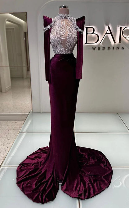 RP1330-Elegant Purple Mermaid High Neck Crystals Beaded Long Sleeves Velvet Prom Evening Dresses Formal Party Gowns