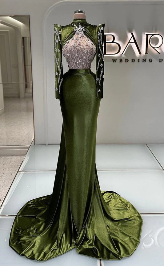 RP1331-Elegant Green Mermaid High Neck Crystals Beaded Long Sleeves Velvet Prom Evening Dresses Formal Party Gowns