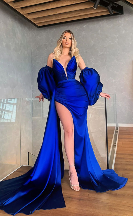 RP2086-Modern Royal Blue Mermaid Sweetheart Pleated Puffy Sleeves Satin Prom Evening Dresses Formal Party Gowns With Slit