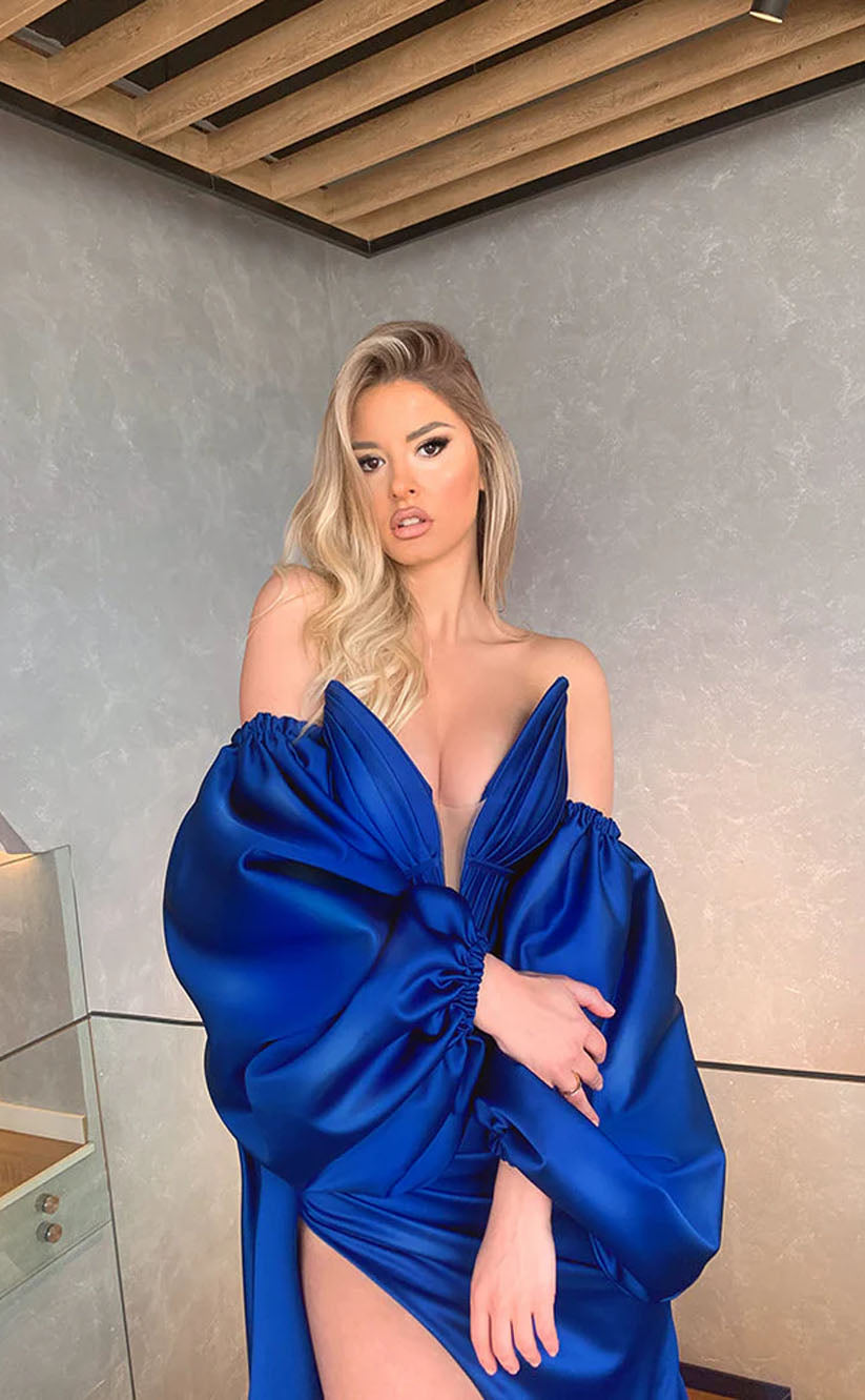 RP2086-Modern Royal Blue Mermaid Sweetheart Pleated Puffy Sleeves Satin Prom Evening Dresses Formal Party Gowns With Slit