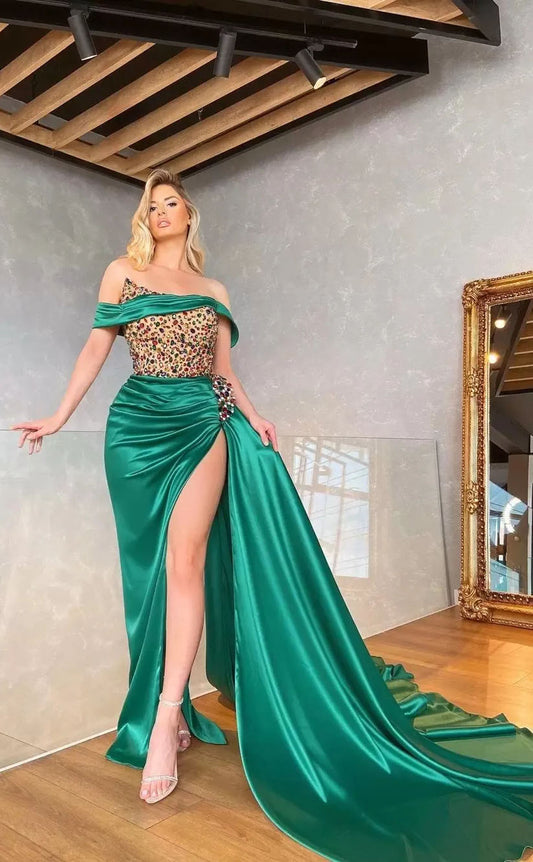 RP2070-Bright Green Mermaid Off-the-Shoulder Sleeveless Crystals Cap Sleeves Satin Prom Evening Dresses Formal Party Gowns With Slit