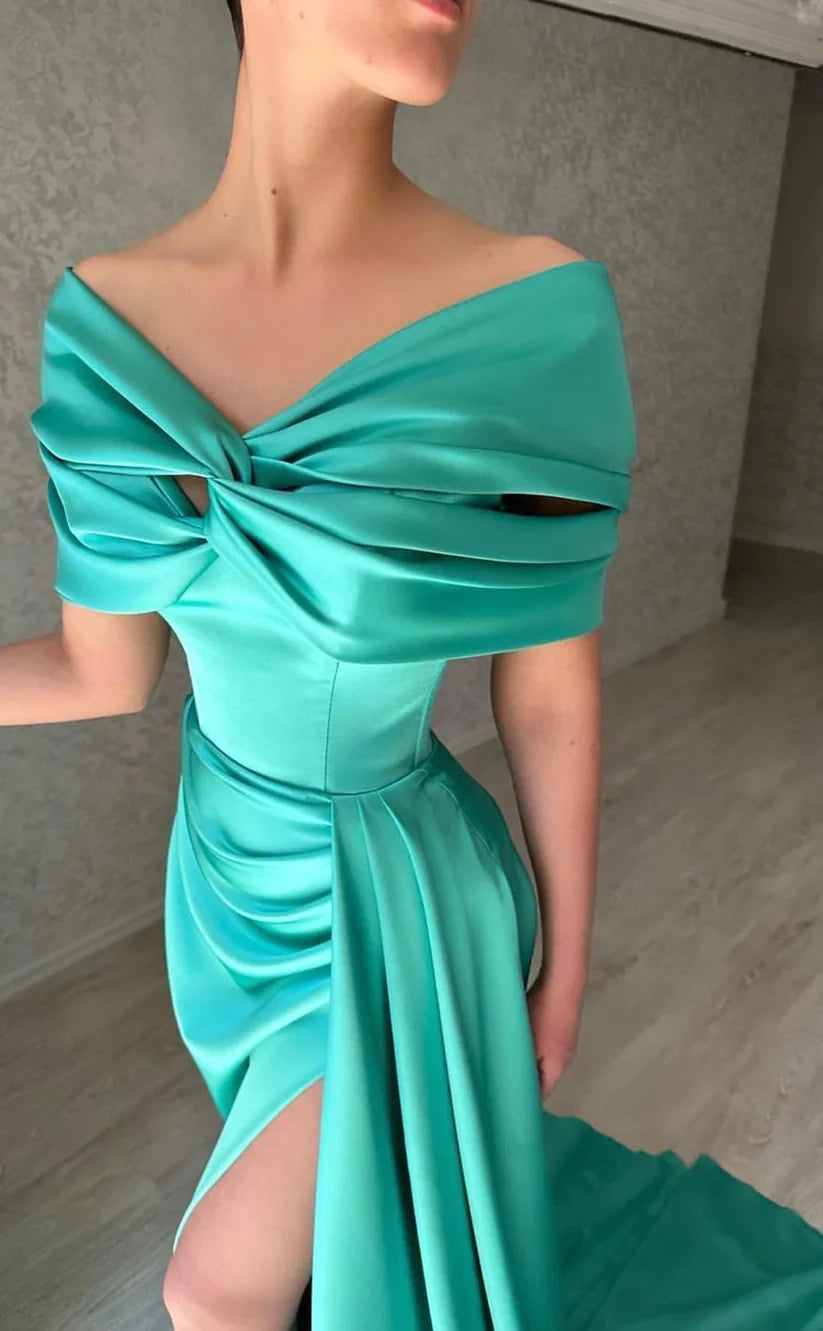 RP413-Simple Green Mermaid Off-the-Shoulder Ruched Sleeveless Long Prom Evening Dresses Formal Party Gowns With Slit