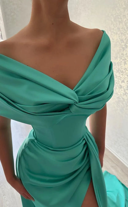 RP413-Simple Green Mermaid Off-the-Shoulder Ruched Sleeveless Long Prom Evening Dresses Formal Party Gowns With Slit