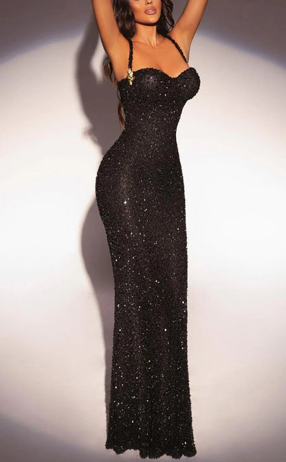 RP1317-Luxury Black Mermaid Halter Sequins Beaded Sleeveless Prom Evening Dresses Formal Party Gowns