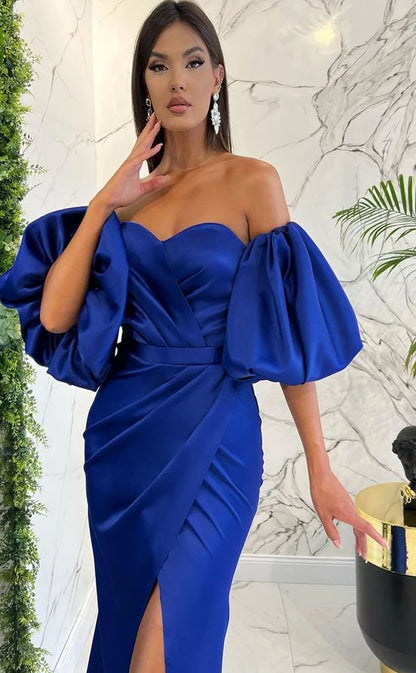 RP2073-Modern Royal Blue Mermaid Sweetheart Pleated Puffy Sleeves Satin Prom Evening Dresses Formal Party Gowns With Slit