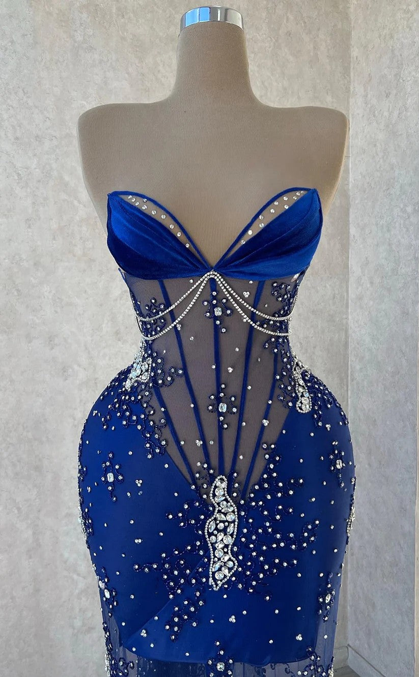 RP1319-Elegant Royal Blue Mermaid Sweetheart Beaded Crystals Sleeveless Prom Evening Dresses Formal Party Gowns