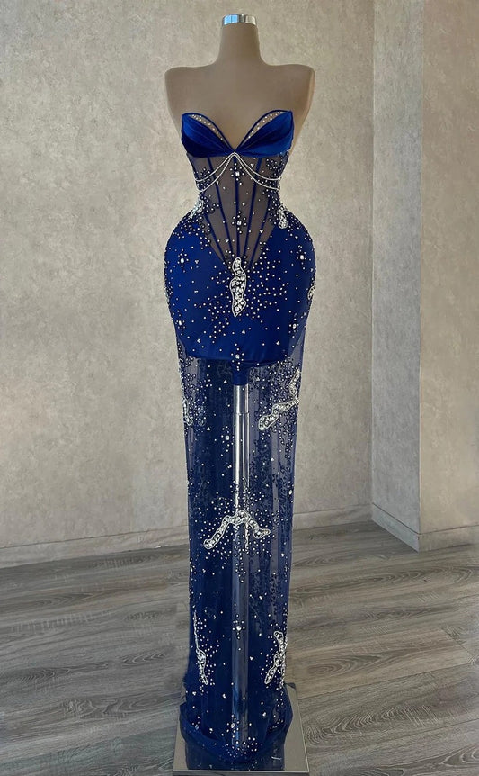 RP1319-Elegant Royal Blue Mermaid Sweetheart Beaded Crystals Sleeveless Prom Evening Dresses Formal Party Gowns