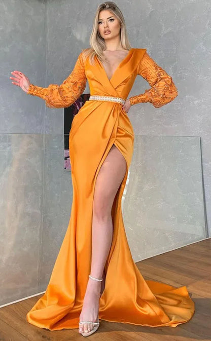 RP2075-Bright Orange Mermaid V-Neck Beaded Long Sleeves Satin Prom Evening Dresses Formal Party Gowns With Slit