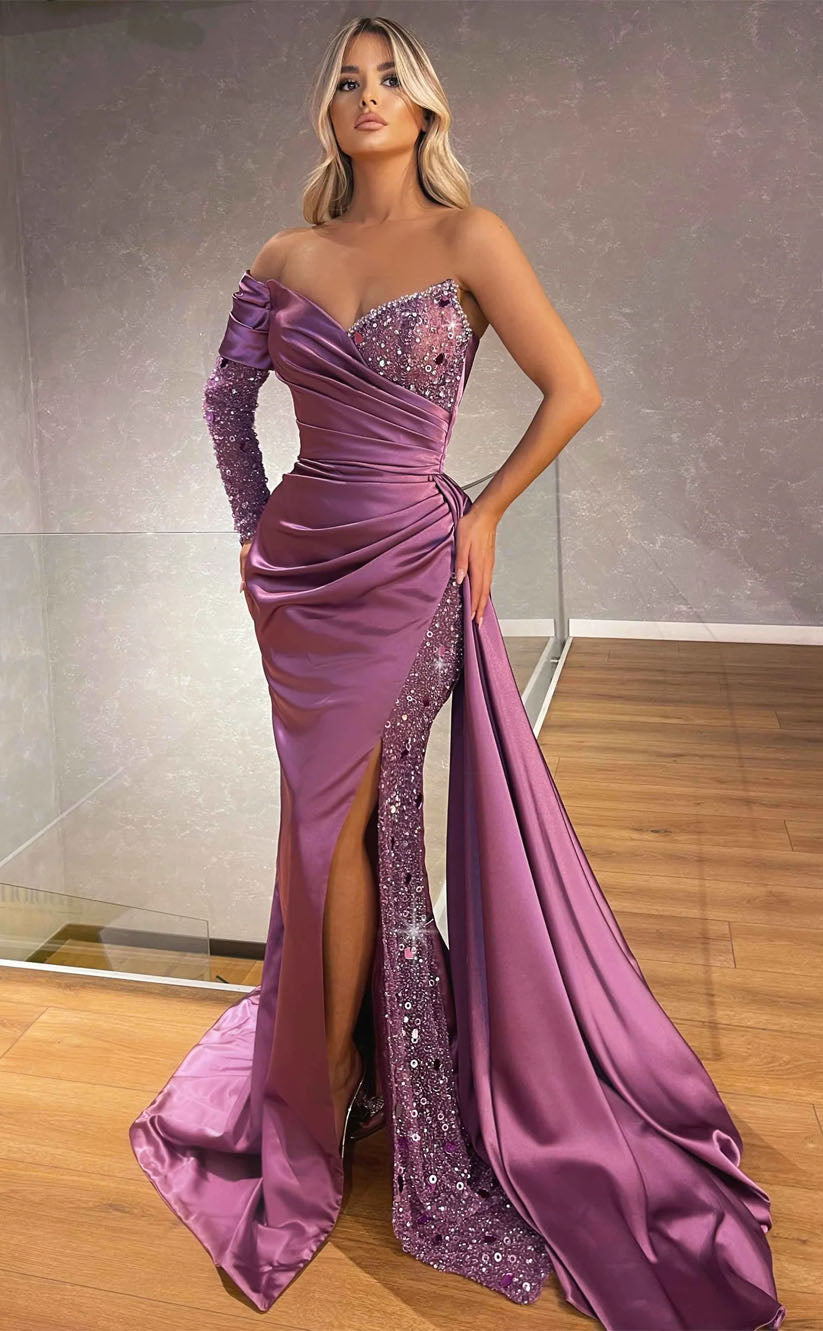 RP2078-Luxury Purple Mermaid Sweetheart Beads Sequins Long Sleeves Satin Prom Evening Dresses Formal Party Gowns With Slit