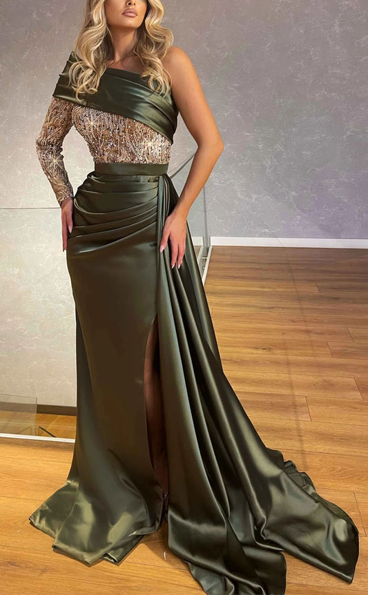 RP2080-Elegant Mermaid One Shoulder Beaded One Long Sleeve Satin Prom Evening Dresses Formal Party Gowns With Train