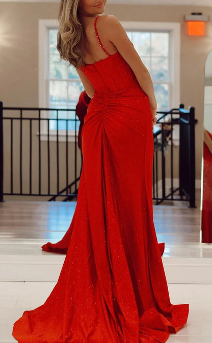 RP1315-Elegant Red Mermaid Spaghetti Beads Sequins Sleeveless Prom Evening Dresses Formal Party Gowns With Slit