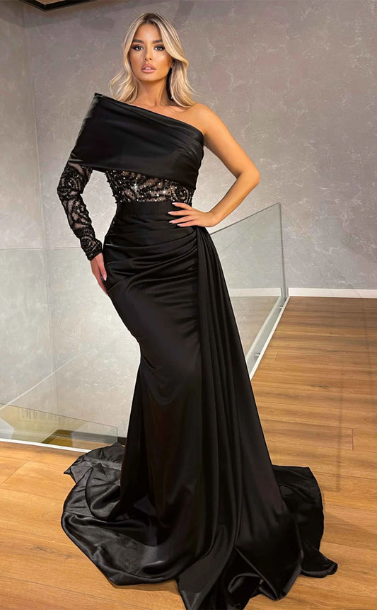 RP2079-Elegant Black Mermaid One Shoulder Beaded One Long Sleeve Satin Prom Evening Dresses Formal Party Gowns With Train