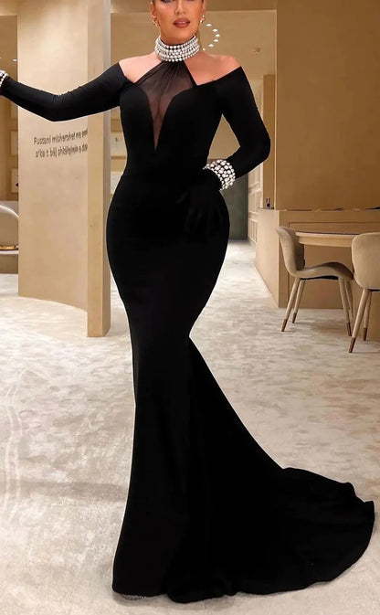 RP1312-Elegant Black Mermaid High Neck Crystals Pearls Long Sleeves Prom Evening Dresses Formal Party Gowns