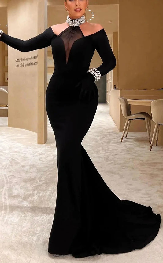 RP1312-Elegant Black Mermaid High Neck Crystals Pearls Long Sleeves Prom Evening Dresses Formal Party Gowns