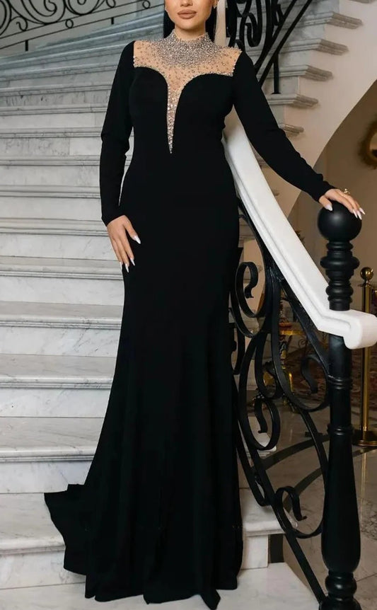 RP1313-Elegant Black Mermaid High Neck Crystals Beaded Long Sleeves Velvet Prom Evening Dresses Formal Party Gowns