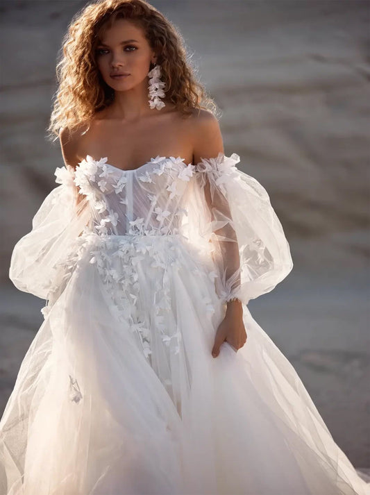 Modern & Classic A-Line Boho Beach Wedding Dresses Sweetheart Detachable Long Sleeves Appliqued Sweep Train Bridal Gowns Custom