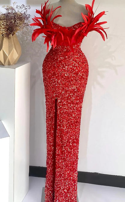 RP415-Sparkling Red Mermaid Sweetheart Beads Sequins Feathers Sleeveless Long Prom Evening Dresses Formal Party Gowns With Slit