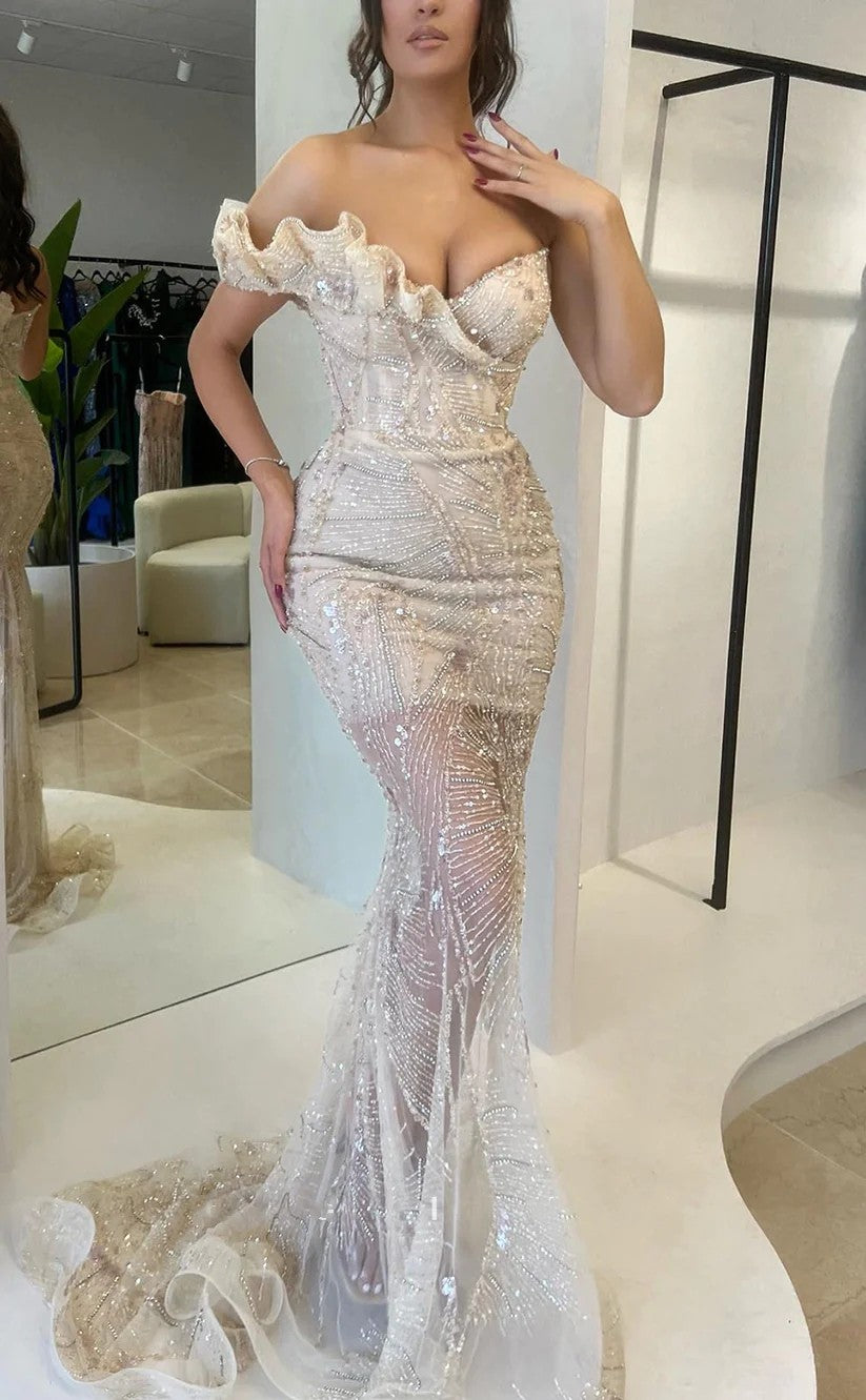 RP1311-Sparkling Ivory Mermaid One Shoulder Sequins Beads Sleeveless Prom Evening Dresses Formal Party Gowns With Train