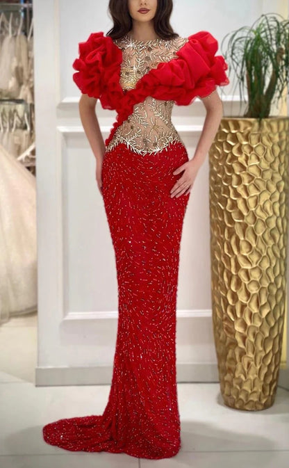 RP1302-Sparkling Red Mermaid Scoop Ruffles Beads Puffy Sleeves Prom Evening Dresses Formal Party Gowns With Train