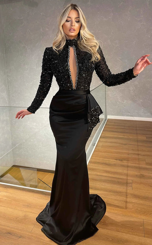 RP2097-Elegant Black Mermaid High Neck Beaded Sequins Long Sleeves Satin Prom Evening Dresses Formal Party Gowns With Train