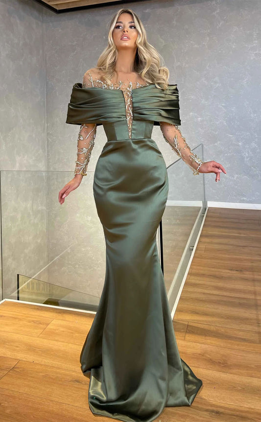 RP2098-Gorgeous Mermaid Off-the-Shoulder Beaded Long Sleeves Satin Prom Evening Dresses Formal Party Gowns With Slit