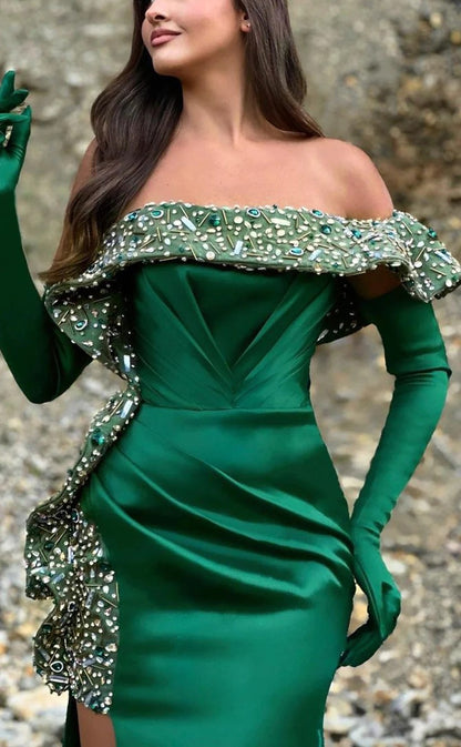 RP1304-Elegant Green Mermaid Off-the-Shoulder Crystals Long Gloves Prom Evening Dresses Formal Party Gowns With Slit