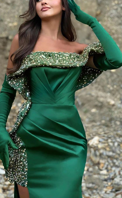 RP1304-Elegant Green Mermaid Off-the-Shoulder Crystals Long Gloves Prom Evening Dresses Formal Party Gowns With Slit