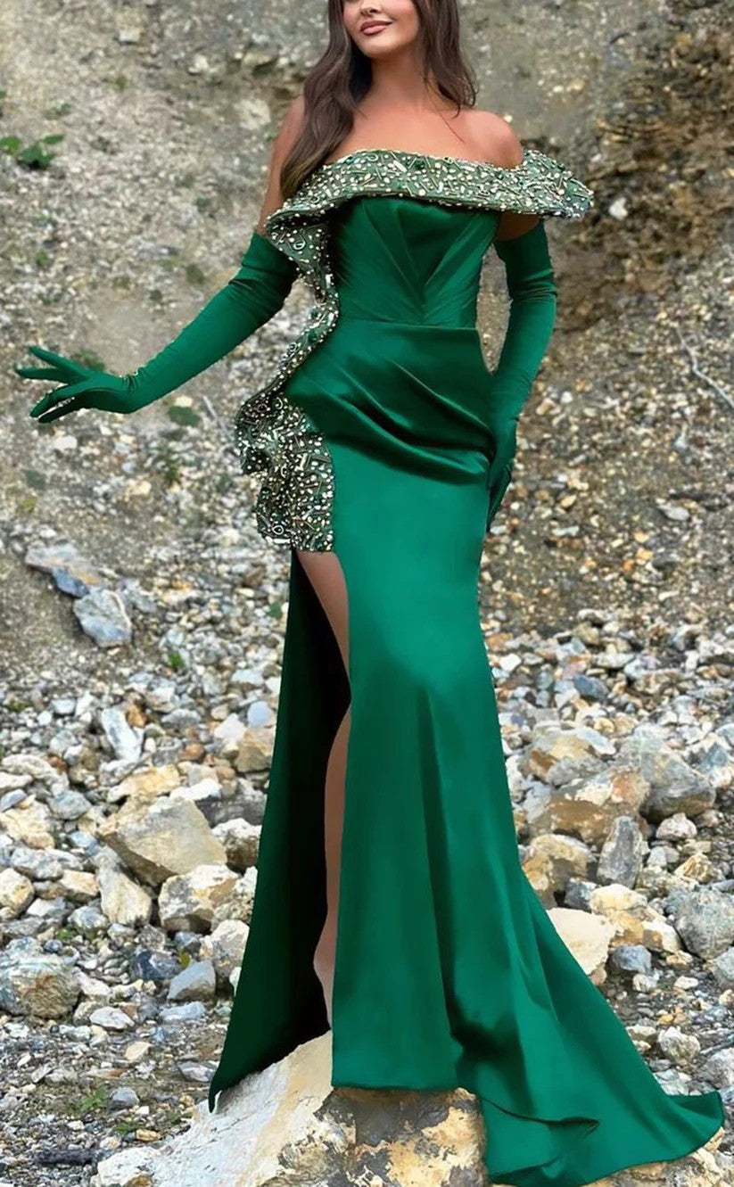 RP1304-Elegant Green Mermaid Off-the-Shoulder Crystals Long Gloves Prom Evening Dresses Formal Party Gowns With Slit