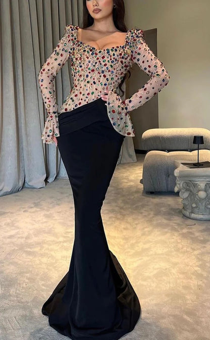 RP1309-Luxury Black Mermaid Scoop Crystals Beaded Puffy Long Sleeves Prom Evening Dresses Formal Party Gowns With Train