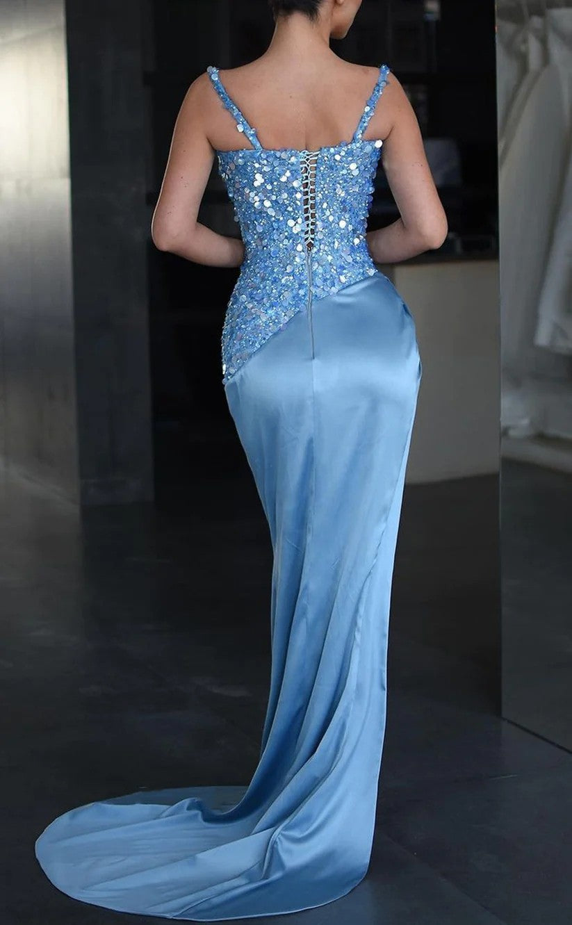 RP1307-Gorgeous Sky Blue Mermaid Spaghetti Sequins Ruched Sleeveless Prom Evening Dresses Formal Party Gowns With Slit