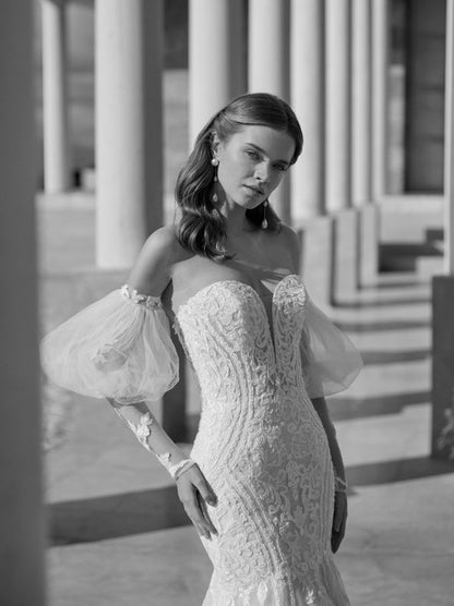 Sexy Mermaid Wedding Dresses Sweetheart Appliques Lace Detachable Sleeves Off The Shoulder Court Train Tulle Bridal Gowns For Women