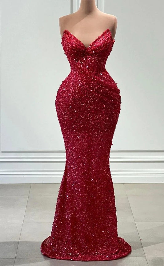 RP1306-Sparkling Red Mermaid Sweetheart Sequins Sleeveless Prom Evening Dresses Formal Party Gowns With Train