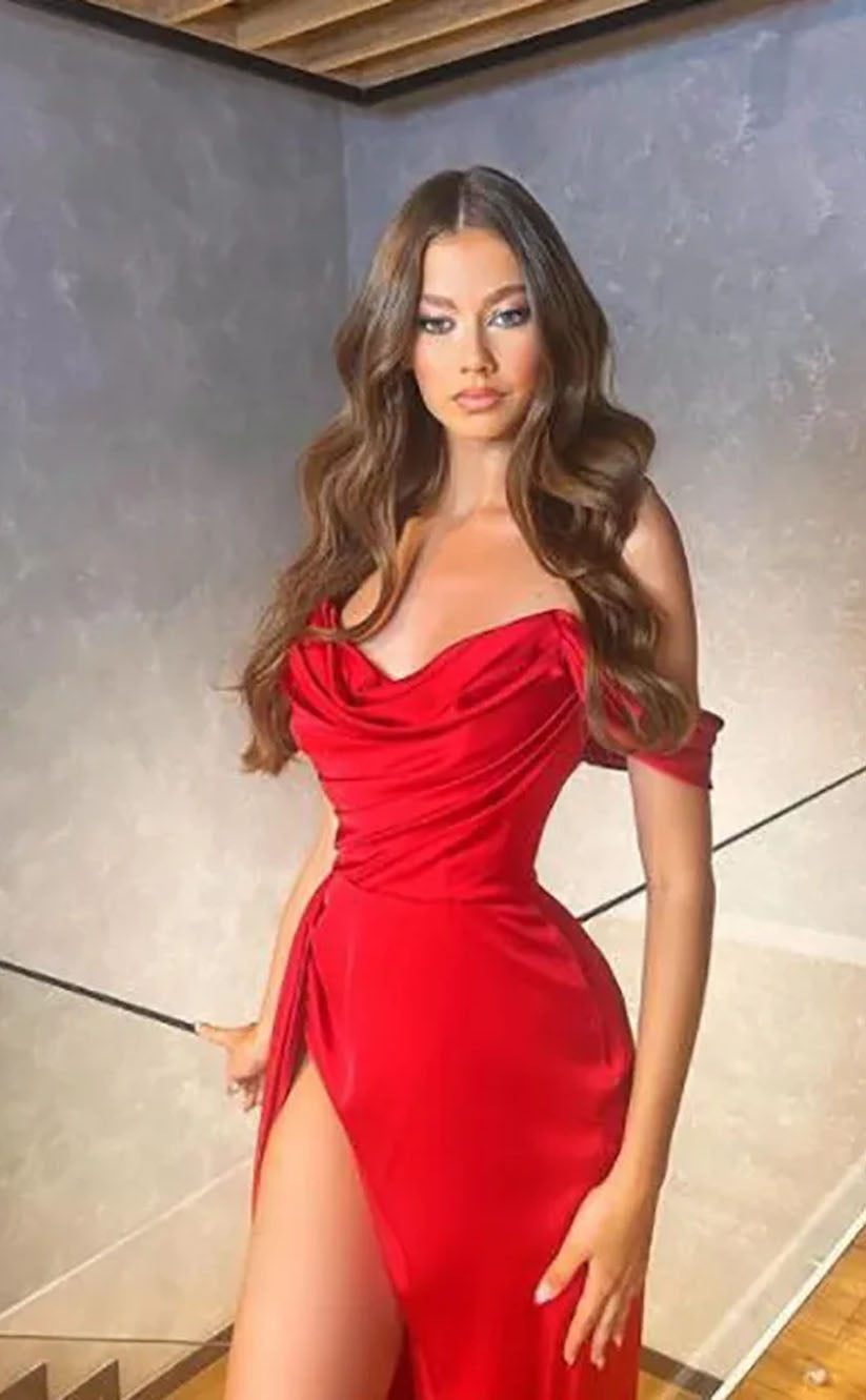 RP2091-Bright Red Mermaid Off-the-Shoulder Sleeveless Pleated Cap Sleeves Chiffon Prom Evening Dresses Formal Party Gowns With Slit