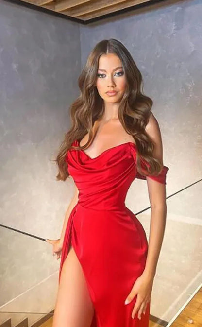 RP2091-Bright Red Mermaid Off-the-Shoulder Sleeveless Pleated Cap Sleeves Chiffon Prom Evening Dresses Formal Party Gowns With Slit