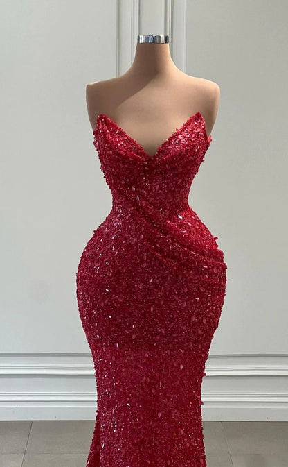 RP1306-Sparkling Red Mermaid Sweetheart Sequins Sleeveless Prom Evening Dresses Formal Party Gowns With Train