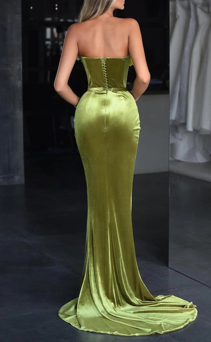 RP1358-Elegant Olive Mermaid Strapless Ruched Sleeveless Velvet Prom Evening Dresses Formal Party Gowns With Slit