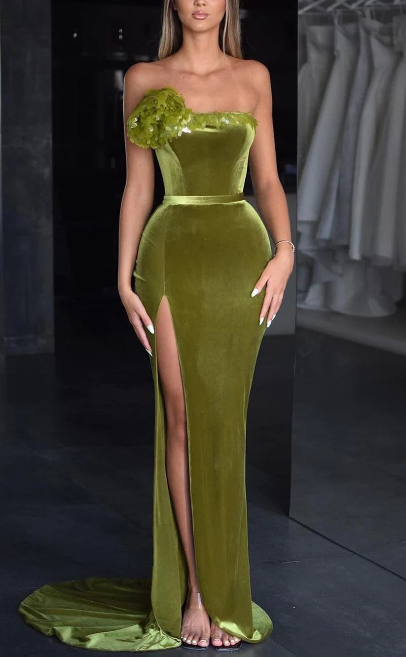 RP1358-Elegant Olive Mermaid Strapless Ruched Sleeveless Velvet Prom Evening Dresses Formal Party Gowns With Slit