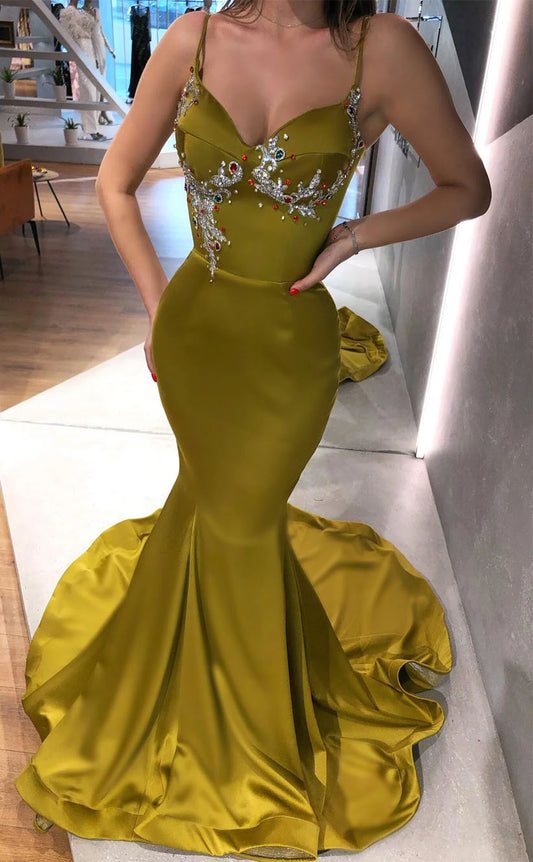 RP2150-Modern Olive Mermaid Spaghetti Appliqued Beaded Sleeveless Satin Prom Evening Dresses Formal Party Gowns With Train