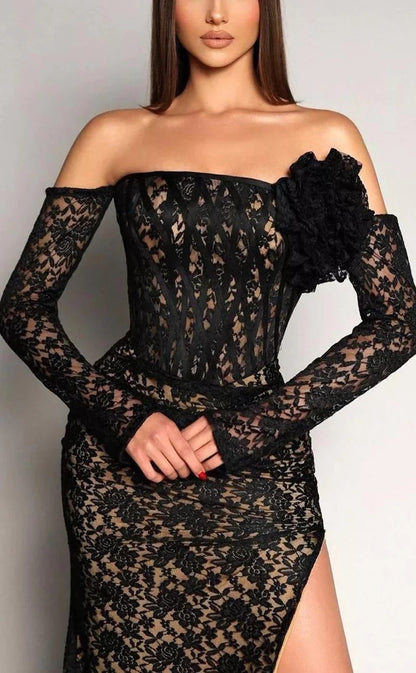 RP1360-Elegant Black Mermaid Off-the-Shoulder Lace Flower Long Sleeves Prom Evening Dresses Formal Party Gowns With Slit