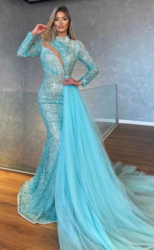 RP2144-Luxury Sky Blue Mermaid High Neck Beaded Crystals Long Sleeves Satin Prom Evening Dresses Formal Party Gowns With Train